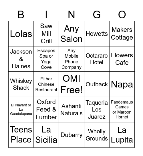 November Shop Local Bingo Card