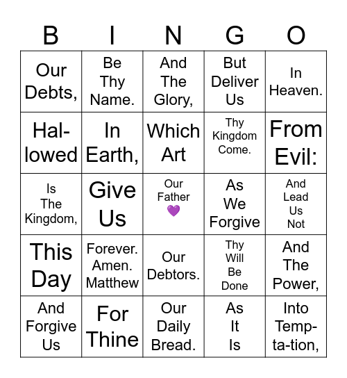 The Lord's Prayer Bingo Card