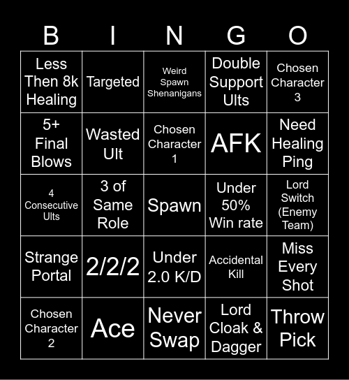 Rivals Bingo Card