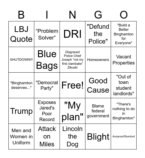 Mayoral Debate Bingo Card