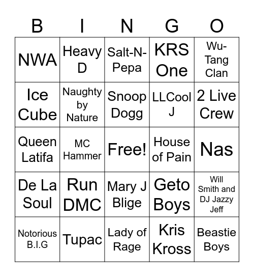 Yo! MTV Raps Bingo Card