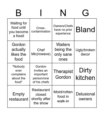 Kitchen Nightmares Bingo Card