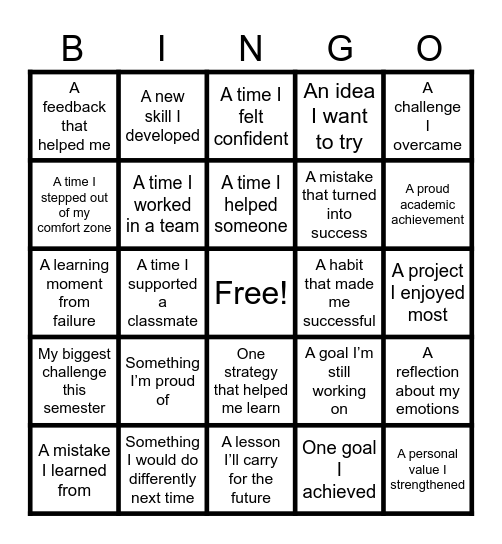 Reflect on yourself Bingo Card