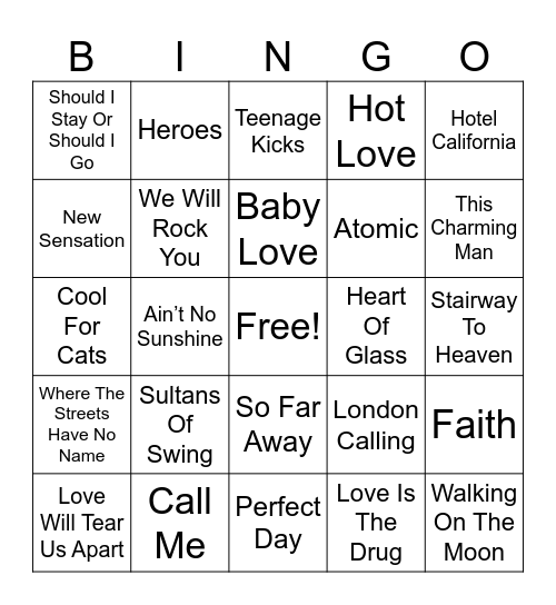 60s/70s/80s Hits Bingo Card