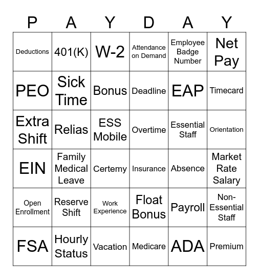 PAYDAY Bingo Card