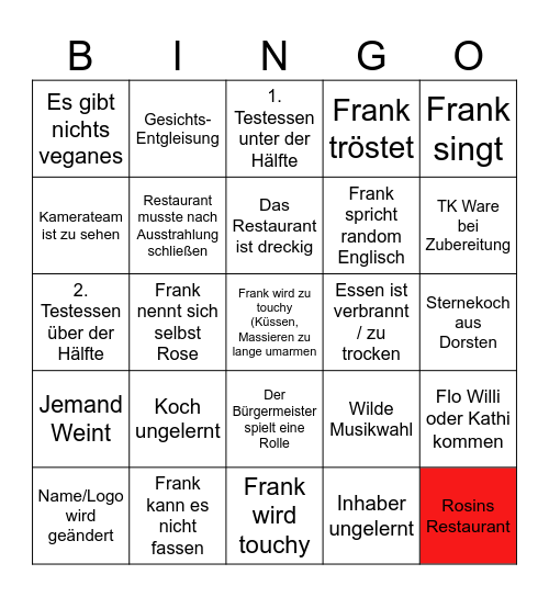 Rosins Restaurant Bingo Card