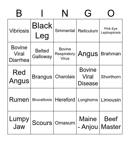 Beef Cattle Bingo Card