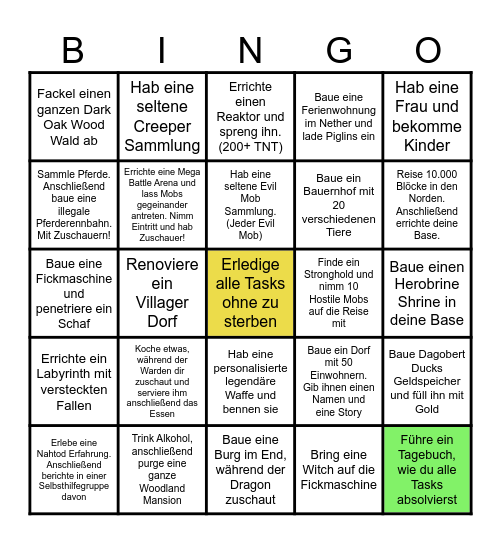 Minecraft Achievement Game Bingo Card
