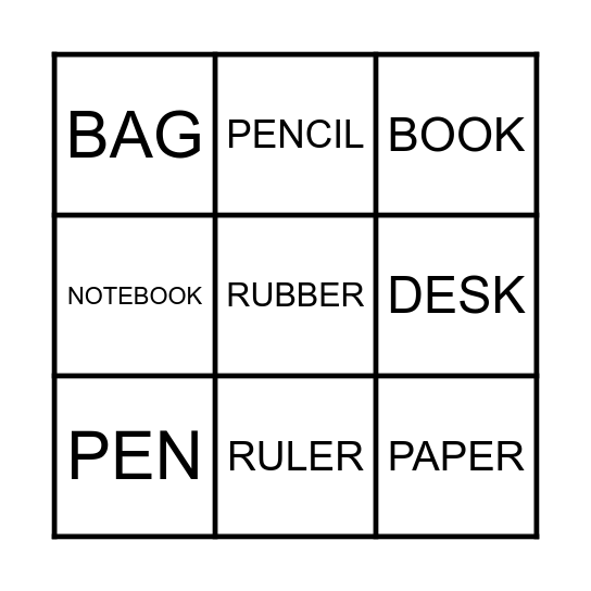 SCHOOL SUPPLIES Bingo Card