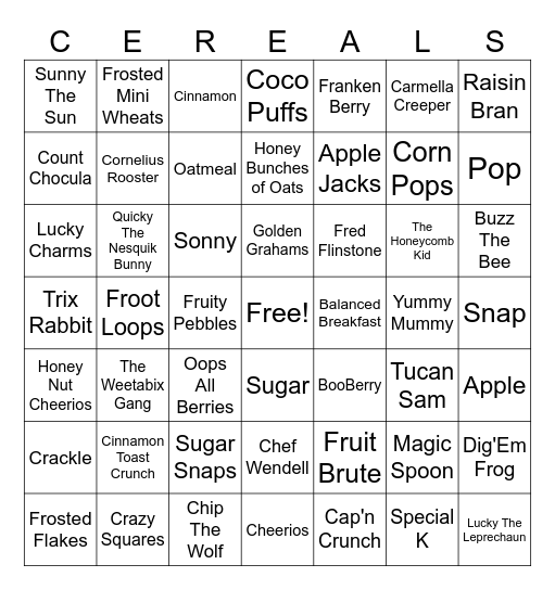 Cereal Mascot Bingo Card