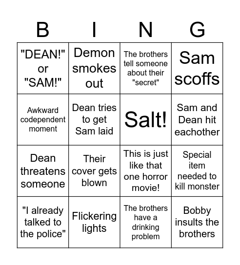 Supernatural 5 Bingo Card