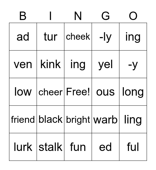 Slinky Malinki adjectives Bingo Card
