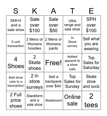 Skate Bingo Card