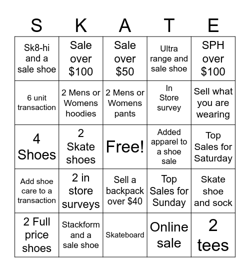 Skate Bingo Card