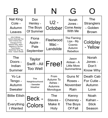 Fall songs Bingo Card