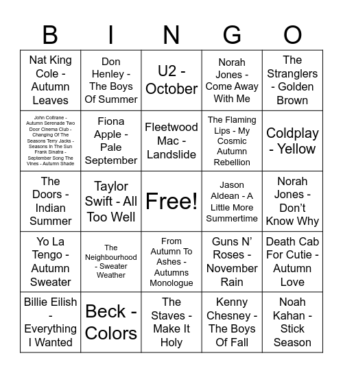 Fall songs Bingo Card