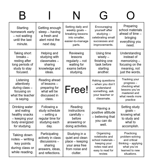 STUDY HABITS BINGO CARD Bingo Card
