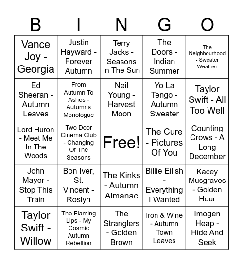 It's Fall Songs Bingo Card