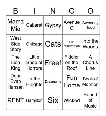 Jennie's Broadway Birthday Bingo! Bingo Card