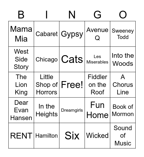 Jennie's Broadway Birthday Bingo! Bingo Card