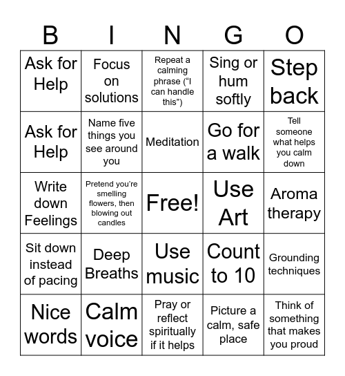 De-escalation Bingo Card