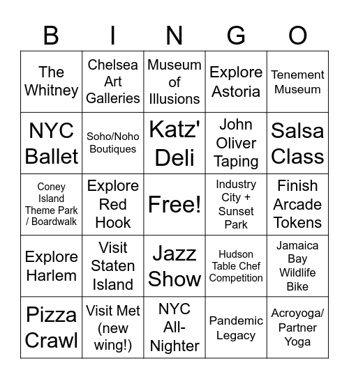 NYC Bucketlist Bingo Card