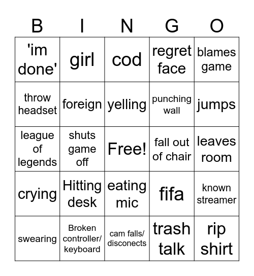 Gamer rage bingo Card