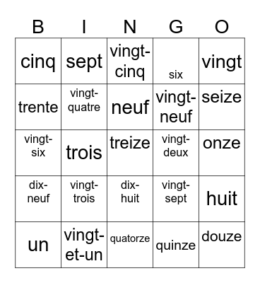 French 1-30 Bingo Card
