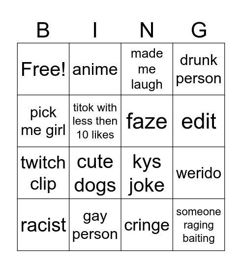 tiktok Bingo Card