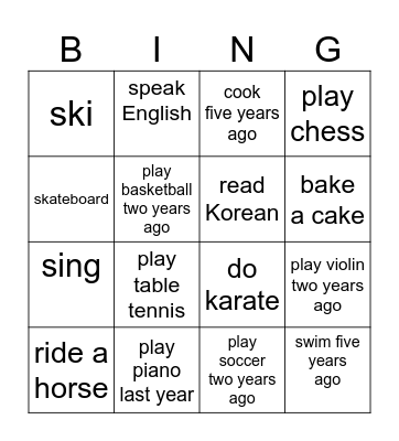 Can/Could Bingo Card