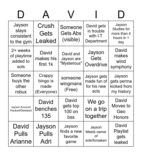 Jayson Bingo Card