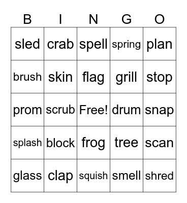 Beg. Blends 1-Syllable Words Bingo Card