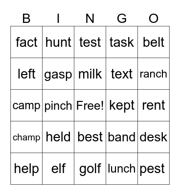 Ending Blends 1-Syllable Words Bingo Card