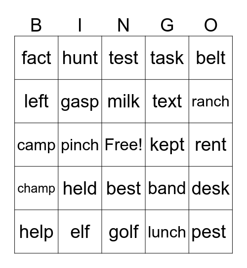 Ending Blends 1-Syllable Words Bingo Card