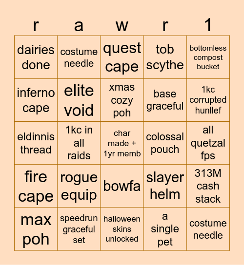 rawr's first year Bingo Card