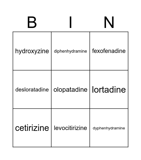 antihistamine bingo Card