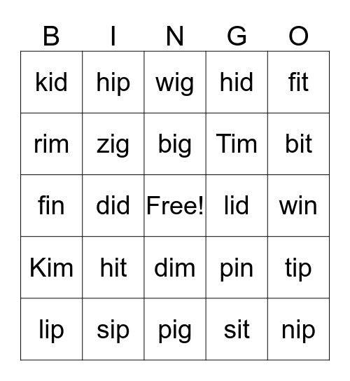 Short I Bingo Card