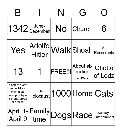 THE HOLOCAUST Bingo Card