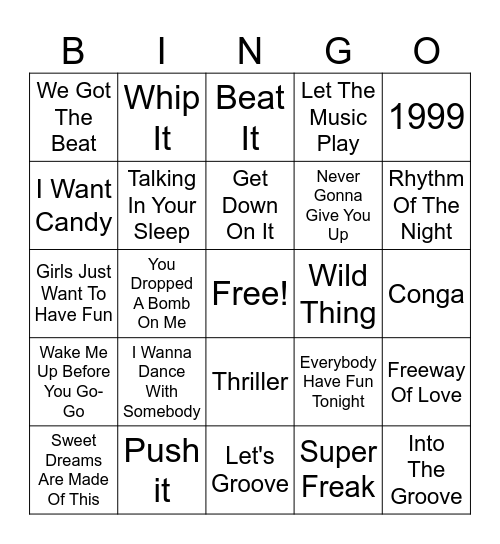 80's Dance Party Bingo Card