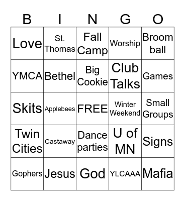 YOUNG LIFE COLLEGE Bingo Card