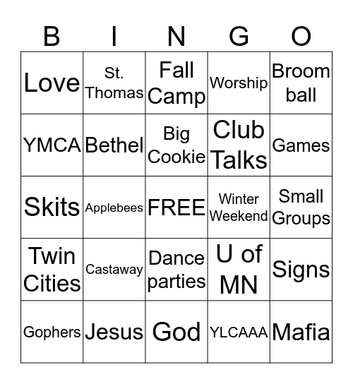 YOUNG LIFE COLLEGE Bingo Card