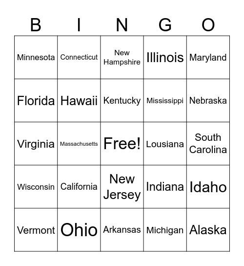 US States Bingo Card