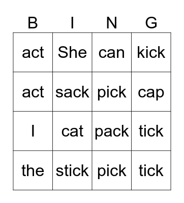 /c/, /k/, /ck/ + tricky words Bingo Card
