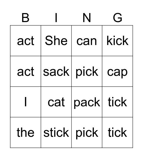 /c/, /k/, /ck/ + tricky words Bingo Card