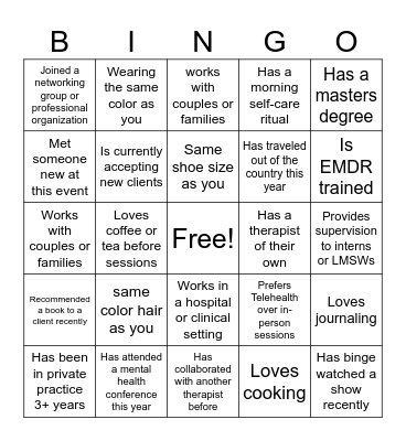 Mental Health Professionals Mixer Bingo Card
