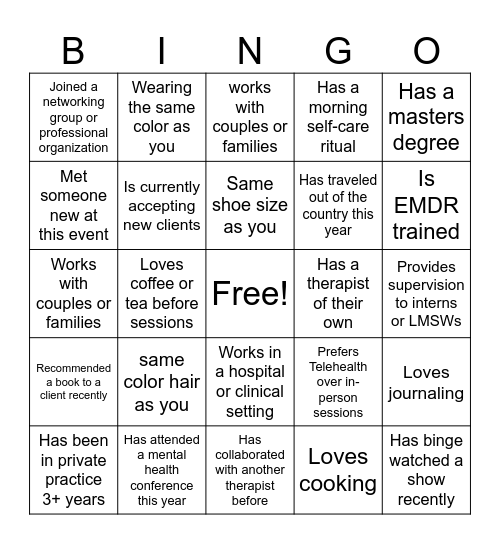 Mental Health Professionals Mixer Bingo Card