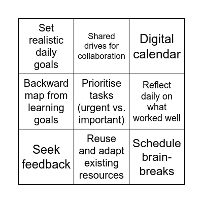 Time Management Techniques Bingo Card