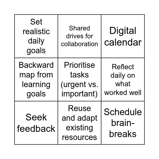 Time Management Techniques Bingo Card