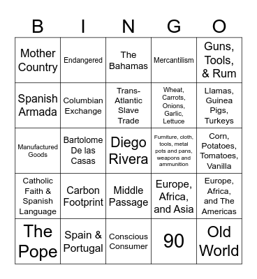 Unit 3: Age of Colonization Quiz Bingo Card
