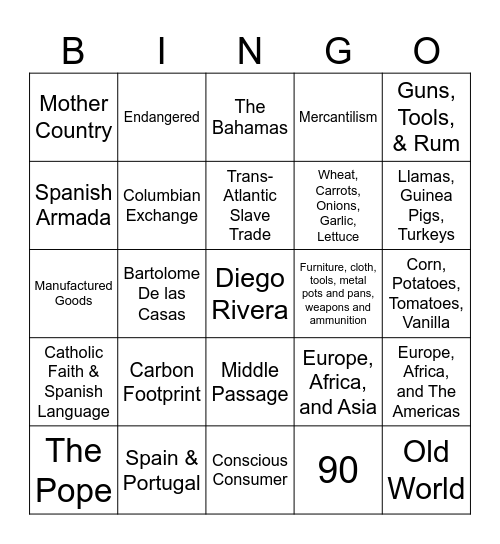 Unit 3: Age of Colonization Quiz Bingo Card
